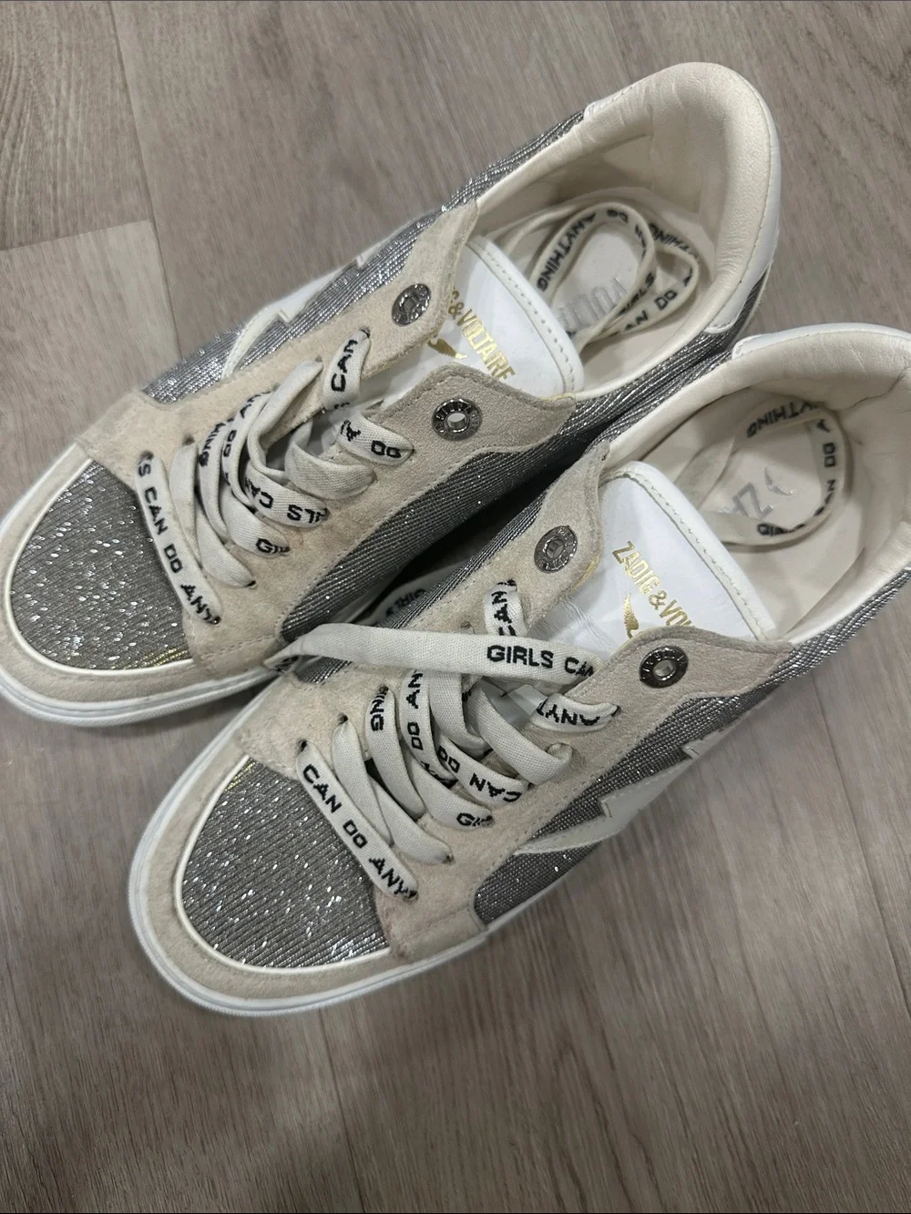 Zadig & Voltaire Silver and Cream Glitter Low-Top Sneakers
